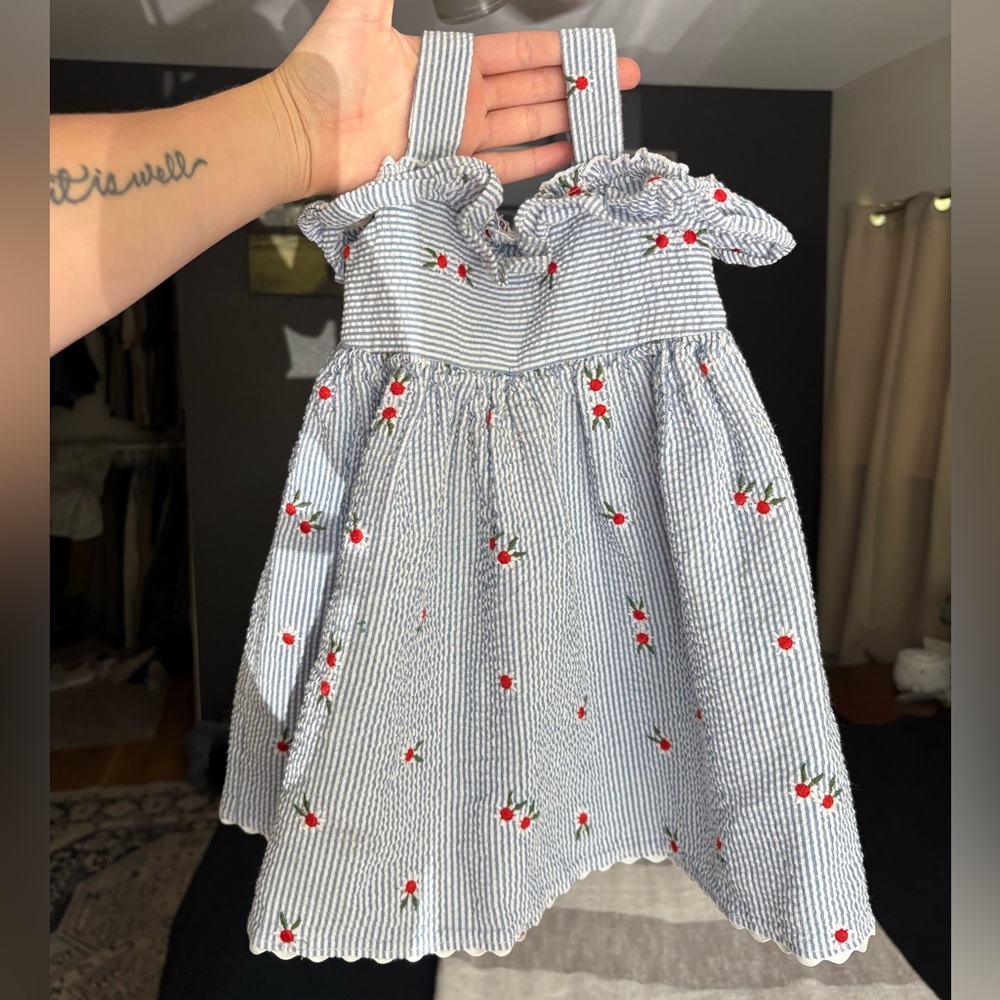 Toddler Blue and White Striped Dress with Floral Embroidery